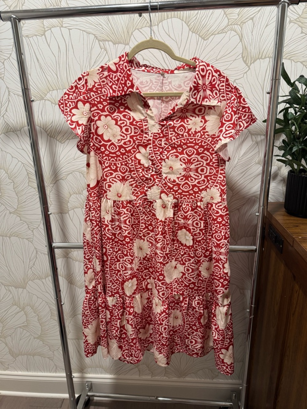 Red Floral Tiered Shirt Dress - Brand Unspecified